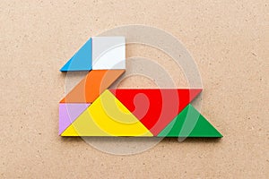 Color tangram in duck, swan or goose shape on wood background