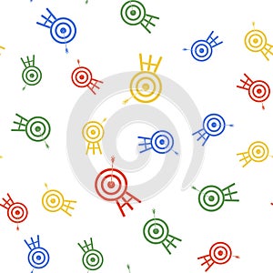 Color Target with arrow icon isolated seamless pattern on white background. Dart board sign. Archery board icon