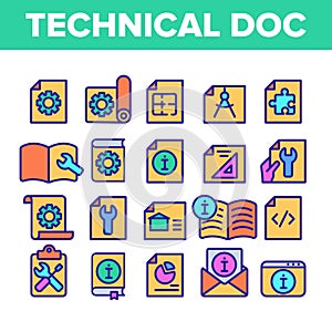 Color Technical Documentation Thin Line Icons Set Vector