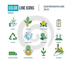 Color thin Line icons set. Ecology, green energy.