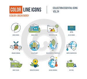 Color thin Line icons set. Ecology, green energy, smart house,