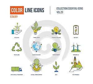 Color thin Line icons set. Ecology, green energy.