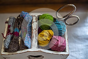 Color thread for knitting,knitwear, vintage scissors in white vintage box.