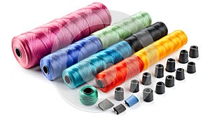 Color threads and sewing accessories on white background