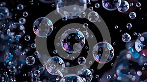 Vibrant Color-Tinted Water Bubbles Floating on Solid Black Background â Ultra-Realistic Liquid Abstract