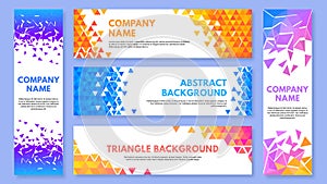 Color triangles banner. Abstract triangulation elements background, geometric corners with triangle cells pattern vector