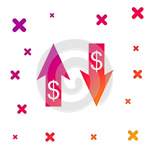 Color Up and Down arrows with dollar symbol icon isolated on white background. Business concept. Gradient random dynamic