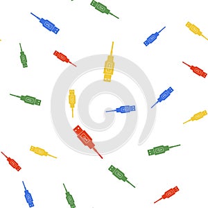 Color USB cable cord icon isolated seamless pattern on white background. Connectors and sockets for PC and mobile
