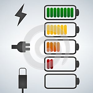 Color Vector battery icon. Charge from high to low. plug and lightning icon