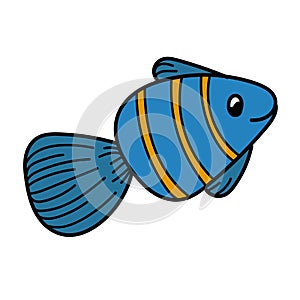 Color vector element, black and white drawing of a marine inhabitant, cute little fish