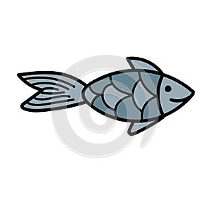 Color vector element, black and white drawing of a marine inhabitant, cute little fish