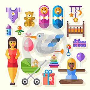 Color vector flat icon set and illustrations birth of baby