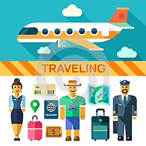 Color vector flat icon set and illustrations travel by plane