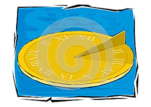 Color vector of a gold sundial on a blue background. Sundial in Flete Cartoon style