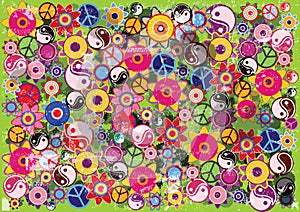 Color vector hippies background with flowes and symbols. photo