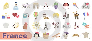 Color vector icons about France. Welcome to France. Sights of France