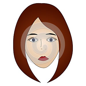 Color vector illustration of a brunette girl`s face with blue eyes. Full face. Long lashes. Black eyebrows.