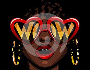 Color vector illustration in comic style. Female face in glasses with the inscription wow. Afro american woman in shock. The girl