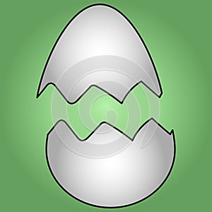 Color vector illustration-cracked eggshell, two parts. The chicken hatched. Isolated green background. Cartoon style.