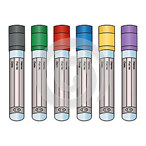 Empty vacuum tubes for several types of analysis of venous blood tests. Set of vector illustrations. Isolated background.