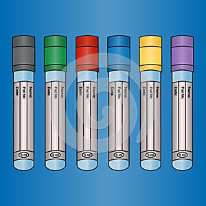 Empty vacuum tubes for several types of analysis of venous blood tests. Set of vector illustrations. Isolated blue background.
