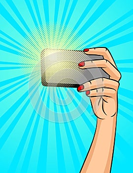 Color vector illustration of a female hand with a phone on a background of halftone. A girl makes a selfie.