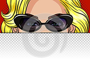 Color vector illustration of the girl behind a white sheet of paper. Poster in the style of pop art beautiful blonde in vintage gl