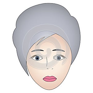 Color vector illustration of a girl`s face with gray eyes. Full face. Short pixie haircut. Platinum blonde.