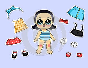Color vector illustration of a girl with a set of different outfits.