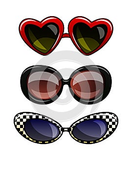 Color vector illustration of glasses in plastic frame. Set of vintage sunglasses with dark lenses. Cat eye glasses, round glasses,