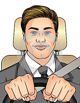 Color vector illustration man driving a car. Businessman traveling to work in the car. A happy man inside the car is wearing a sea