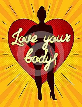 Color vector illustration of a plus size woman is standing in front of a big red heart with the inscription love your body.