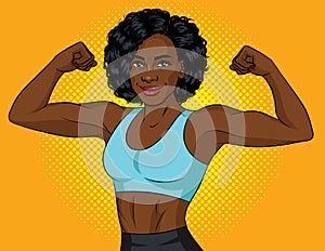 Color vector illustration of a pop art style of a female athlete demonstrating her muscles