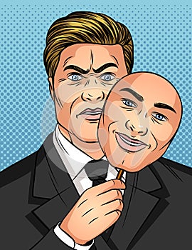 Color vector illustration in the style of comic pop art. A man holds a mask in his hands. Businessman hides his emotions. A man wi