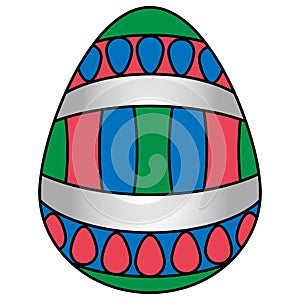 Color vector illustration of a white Easter egg with a bright ornament in the form of colored stripes and mini eggs.