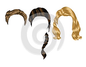 Color vector illustration of women`s hairstyles from hair of different lengths.