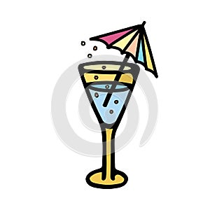 Color vector illustration of a yellow glass with blue cocktail, bubbles and colorful umbrella inside.