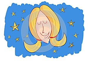 Color vector illustration of a young girl or woman dreaming