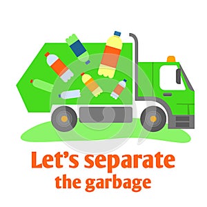 A color vector image of a garbage truck isolated full of plastic pet bottles
