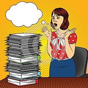 Color vector pop art comic style illustration of a girl in the office. The girl at the desk. Busy woman doing office work. Worker