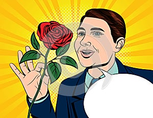 Color vector pop art comic style illustration of a man holding a rose in his hand. Card for Valentine`s Day. A fall in love man w