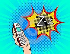 Color vector pop art comic style illustration of a phone ringing. Female hand with the handset of the old model. Sign of the ringi