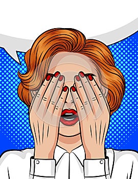 Color vector pop art style illustration of a girl with an open mouth covering her face with her hands. Emotions of fear, anger, pa