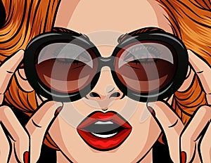 Color vector poster in pop art style. Girl with red hair in sunglasses. Lady holds glasses in the style of 60-80s. The girl with h