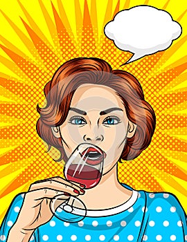 Color  in the style of comic pop art illustration of a girl with a glass of red wine.