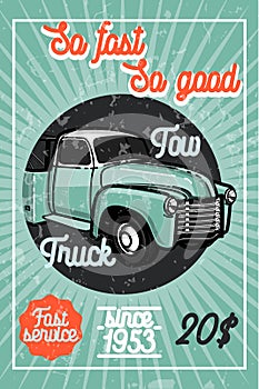 Color vintage car tow truck poster