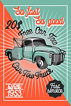 Color vintage car tow truck poster