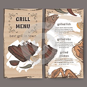 Color vintage grill restaurant menu template with hand drawn sketch