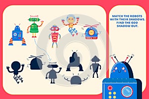 Color visual puzzle page for preschool kids. Find the correct shadow game. Matching and find the odd one. Robots for children