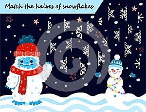 Color visual puzzle page for preschool kids. Match or find the halves of images game. Cute cartoon snow yeti, snowflakes and